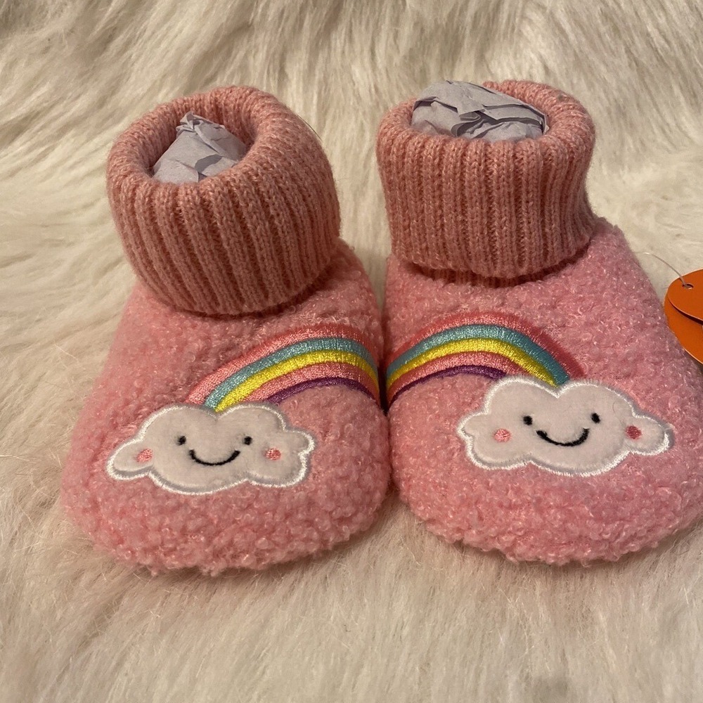 Wonder Nation Slippers Girls Size 5 Pink Fuzzy Rainbow Bootie Shoes 12-18 Months